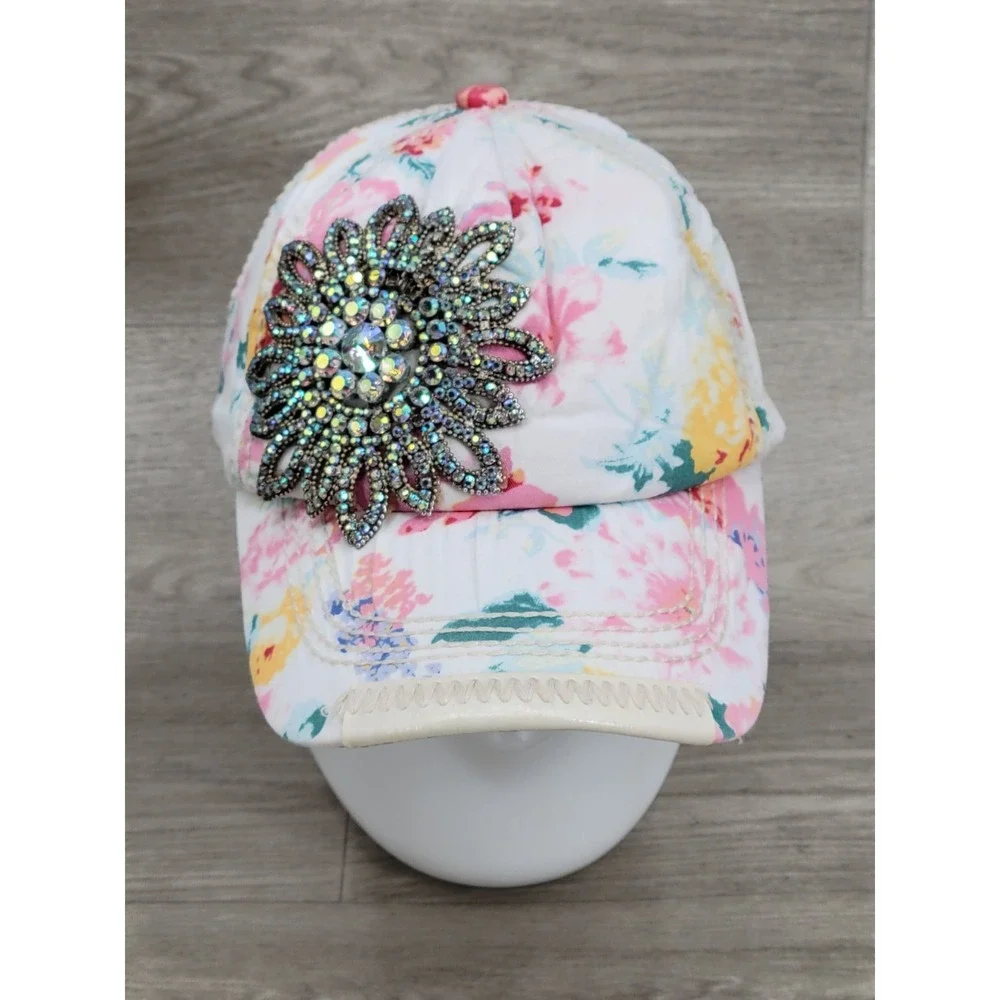 Olive & Pique Rhinestone Flower Hat Strapback Women's Colorful Pink Cowgirl